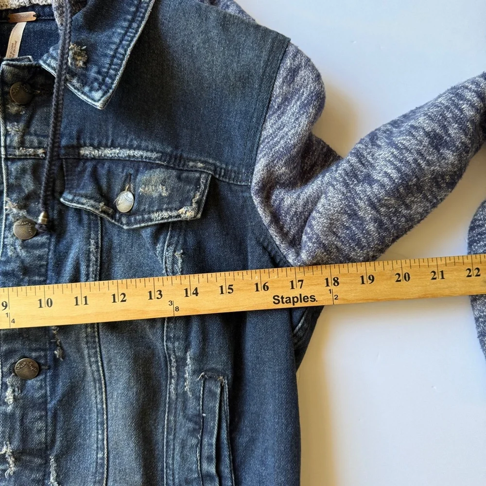 Free People Dark Denim Jean Jacket with Heathered Gray Knit Sleeves